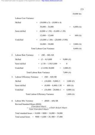 This watermark does not appear in the registered version - http://www.clicktoconvert.com

273
34,000 hrs
Labour Cost Variance:
Skilled

=

(10,000 x 3) – (9,000 x 4)
30,000 – 36,000

Semi-skilled

=

=

=

600 (A)

=

2,000 (A)

(8,000 x 1.50) – (8,400 x 1.50)
12,000 – 12,600

Unskilled

6,000 (A)

=

(16,000 x 1.00) – (20,000 x 0.90)
16,000 – 18,000

Total Labour Cost Variance
2.

8,600 (A)

Labour Rate Variance

=

(SR – AR) AH

Skilled

= (3 – 4) 9,000

=

9,000 (A)

Semi-skilled

= (1.50 – 1.50) 8,400

=

0

Unskilled

= (1-0.90) 20,000

=

2,000 (F)

Total Labour Rate Variance
3.

7,000 (A)

Labour Efficiency Variance

= (SH – AH) SR

Skilled

= (10,000 – 9,000) 3

Semi-skilled

= (8,000 – 8,400) 1.50 =

600 (A)

Unskilled

= (16,000 – 20,000) 1

4,000 (A)

Total Labour Efficiency Variance
4.

Labour Mix Variance

=

=

3,000 (F)

1,600 (A)

= (RSH – AH) SR

Revised Standard Hours (RSH)
=

S tan dard Hours
xTotal Actual Hours
Total S tan dard Hours

Total standard hours = 10,000 + 8000 + 16,000 = 34,000
Total actual hours

= 9000 + 8,400 + 20, 000 = 37,400

 