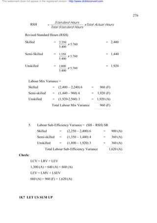 This watermark does not appear in the registered version - http://www.clicktoconvert.com

276
RSH

=

S tan dard Hours
xTotal Actual Hours
Total S tan dard Hours

Revised Standard Hours (RSH)
Skilled

= 2,250
5,400

Semi-Skilled

= 1,350
5,400

Unskilled

= 1,800
5,400

= 2,400

x 5,760

= 1,440

x 5,760

= 1,920

x 5,760

Labour Mix Variance =
Skilled

=

(2,400 – 2,240) 6

=

960 (F)

Semi-skilled

=

(1,440 – 960) 4

=

1,920 (F)

Unskilled

=

(1,920-2,560) 3

=

1,920 (A)

Total Labour Mix Variance

5.

960 (F)

Labour Sub-Efficiency Variance = (SH – RSH) SR
Skilled

=

(2,250 – 2,400) 6

=

900 (A)

Semi-skilled

=

(1,350 – 1,440) 4

=

360 (A)

Unskilled

=

(1,800 – 1,920) 3

=

360 (A)

Total Labour Sub-Efficiency Variance
Check:
LCV = LRV + LEV
1,300 (A) = 640 (A) + 660 (A)
LEV = LMV + LSEV
660 (A) = 960 (F) + 1,620 (A)

18.7 LET US SUM UP

1,620 (A)

 