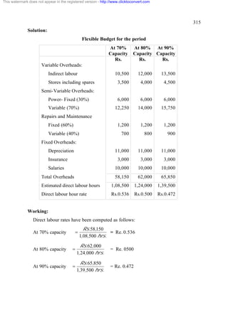 This watermark does not appear in the registered version - http://www.clicktoconvert.com

315
Solution:
Flexible Budget for the period
At 70%
Capacity
Rs.

At 80% At 90%
Capacity Capacity
Rs.
Rs.

Variable Overheads:
Indirect labour

10,500

12,000

13,500

3,500

4,000

4,500

6,000

6,000

6,000

12,250

14,000

15,750

1,200

1,200

1,200

700

800

900

11,000

11,000

11,000

3,000

3,000

3,000

10,000

10,000

10,000

58,150

62,000

65,850

Estimated direct labour hours

1,08,500

1,24,000

1,39,500

Direct labour hour rate

Rs.0.536

Rs.0.500

Rs.0.472

Stores including spares
Semi-Variable Overheads:
Power- Fixed (30%)
Variable (70%)
Repairs and Maintenance
Fixed (60%)
Variable (40%)
Fixed Overheads:
Depreciation
Insurance
Salaries
Total Overheads

Working:
Direct labour rates have been computed as follows:
At 70% capacity

=

Rs.58,150
= Re. 0.536
1,08,500 hrs.

At 80% capacity

=

Rs.62,000
1,24,000 hrs.

= Re. 0500

At 90% capacity

=

Rs.65,850
1,39,500 hrs.

= Re. 0.472

 
