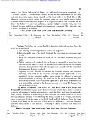 This watermark does not appear in the registered version - http://www.clicktoconvert.com

42
cash as in a Single Column Cash Book, one additional column is introduced, viz.,
‘Discount Column’. The discounts allowed by the business are entered on the debit
side and discounts received are entered on the credit side of the Cash Book. The
discount columns as such cannot be balanced since they are purely memorandum
columns and will not serve the purpose of a ledger account as cash columns do. To
know the balance of discount columns, separate ledger accounts, viz., Discount
Allowed Account and Discount Received Account can be opened. The ruling of a two
column Cash Book is as follows.
Two Column Cash Book (with Cash and Discount Columns)
Dr.
Date

Particulars R.No. L.F. Discount Rs.
allowed

Cr.
Date Particulars V.No. L.F. Discount Rs.
received

Posting: The following points should be kept in mind while posting from the
Cash Book is effected.
1. The opening and closing balances should not be posted.
2. From the debit side of the Cash Book, all the concerned accounts are given
credit.
3. From the credit side of the Cash Book, all the concerned accounts are given
debit.
4. While posting cash received from a debtor or cash paid to a creditor, due
care should be taken to credit the personal account with the amount of both
cash and discount allowed or debit the personal account with the amount of
both cash and discount received.
5. Separate accounts should be opened for discount allowed and discount
received. The total of the discount allowed column represents a loss
sustained by the business and the same should be debited to discount
allowed account by writing ‘To sundries’ in the particulars column. The
total of the discount received column represent as gain made by the business
and it should be credited to the discount account by writing ‘By Sundries’ in
the particulars column.
c) Three Columnar Cash Book or Cash Book with Cash, Bank and
Discount Columns: Nowadays, every businessman invariably has a bank account to
reap the advantages of safety, convenience, credit facilities and less clerical work.
Thus, when a business is maintaining a bank account, the transactions can be made
through cheques. Instead of maintaining the bank account in the ledger, it is found
more convenient if it is included in the Cash Book as Cash Column. Thus, the three
column Cash Book is the resultant effect where in addition to cash and discount
columns, bank column is also included. The ruling of a three columnar cash book is as
follows:
Three Columnar Cash Book (with Cash, Bank and Discount Columns)
Dr.
Date

Cr.
Particulars

R.No.

L.F.

Discount
allowed
Rs.

Cash
Rs.

Bank
Rs.

Date

Particulars

V.No.

L.F.

Discount
received
Rs.

Cash
Rs.

Bank
Rs.

 