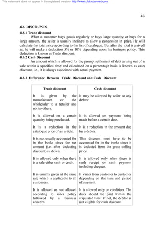 This watermark does not appear in the registered version - http://www.clicktoconvert.com

46
4.6. DISCOUNTS
4.6.1 Trade discount
When a customer buys goods regularly or buys large quantity or buys for a
large amount, the seller is usually inclined to allow a concession in price. He will
calculate the total price according to the list of catalogue. But after the total is arrived
at, he will make a deduction 5% or 10% depending upon his business policy. This
deduction is known as Trade discount.
4.6.2 Cash Discount
An amount which is allowed for the prompt settlement of debt arising out of a
sale within a specified time and calculated on a percentage basis is known as cash
discount, i.e., it is always associated with actual payment.
4.6.3 Difference Between Trade Discount and Cash Discount
Trade discount

Cash discount

It
is
given
by
the It may be allowed by seller to any
manufacturer
or
the debtor.
wholesaler to a retailer and
not to others.
It is allowed on a certain It is allowed on payment being
quantity being purchased.
made before a certain date.
It is a reduction in the It is a reduction in the amount due
catalogue price of an article.
by a debtor.
It is not usually accounted for
in the books since the net
amount (i.e. after deducting
discount) is shown.

This discount must have to be
accounted for in the books since it
is deducted from the gross selling
price.

It is allowed only when there It is allowed only when there is
is a sale either cash or credit. cash receipt or cash payment
including cheques.
It is usually given at the same It varies from customer to customer
rate which is applicable to all depending on the time and period
customers.
of payment.
It is allowed or not allowed
according to sales policy
followed by a business
concern.

It is allowed only on condition. The
dues should be paid within the
stipulated time. If not, the debtor is
not eligible for cash discount.

 
