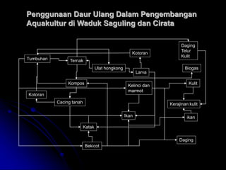 Penggunaan Daur Ulang Dalam Pengembangan
Aquakultur di Waduk Saguling dan Cirata
Tumbuhan
Kotoran
Ternak
Kompos
Cacing tanah
Katak
Bekicot
Ikan
Kelinci dan
marmot
Kulit
Biogas
Kerajinan kulit
Daging
ikan
Kotoran
Larva
Ulat hongkong
Daging
Telur
Kulit
 
