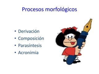 Procesos morfológicos
• Derivación
• Composición
• Parasíntesis
• Acronimia
 