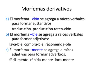 Morfemas derivativos
a) El morfema –ción se agrega a raíces verbales
para formar sustantivos:
traduc-ción produc-ción reten-ción
b) El morfema –ble se agrega a raíces verbales
para formar adjetivos:
lava-ble compra-ble recomenda-ble
c) El morfema –mente se agrega a raíces
adjetivas para formar adverbios:
fácil-mente rápida-mente loca-mente
 