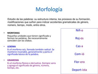 Morfología
• MORFEMAS
Pequeñas unidades que tienen significado y
forman las palabras. No necesariamente
coinciden con las sílabas.
• LEXEMA
Es el morfema raíz, llamado también radical. Se
mantiene invariable, generalmente y porta el
significado básico de la palabra.
• GRAMEMA
Es el morfema flexivo o derivativo. Siempre varía
y agrega el significado de género, número,
tiempo, etc.
Niñ-o
Roj-os
Cas-a
Com-ió
Flor-ero
Deport-ista
Estudio de las palabras: su estructura interna, los procesos de su formación,
modificaciones que sufren para indicar accidentes gramaticales de género,
número, tiempo, modo, entre otros.
 