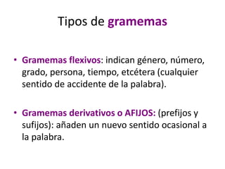 Tipos de gramemas
• Gramemas flexivos: indican género, número,
grado, persona, tiempo, etcétera (cualquier
sentido de accidente de la palabra).
• Gramemas derivativos o AFIJOS: (prefijos y
sufijos): añaden un nuevo sentido ocasional a
la palabra.
 
