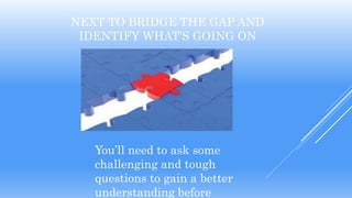 NEXT TO BRIDGE THE GAP AND
IDENTIFY WHAT’S GOING ON
You’ll need to ask some
challenging and tough
questions to gain a better
understanding before
 