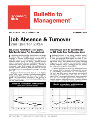 Job Absence & Turnover
2nd Quarter 2014
Job Absence Plummets in Second Quarter,
Falls Back to Typical Post-Recession Levels
In a pattern that has become familiar since the last re-
cession, signs of rising job absence in one quarter
vanished in the next. After reaching six-year highs in
early 2014, absence rates plunged back to typical post-
recession levels during the spring. Median monthly
rates of unscheduled absence (excluding long-term ab-
sences and partial days off) averaged 0.7 percent of
scheduled worker days in April, May and June, down
sharply from 1.0 percent in the ﬁrst quarter of 2014 but
unchanged from the second-quarter average recorded a
year ago.
Employee absenteeism had climbed to its highest
points since 2008 in January (1.2 percent) and February
(1.1 percent) of this year, but the median monthly ab-
sence rate subsequently tumbled to 0.8 percent in
March and April and 0.7 percent in May and June. (See
the line graph below.)
Turnover Edges Up in the Second Quarter
but Still Tracks Below Pre-Recession Levels
Employee turnover in the spring outpaced separa-
tions in the previous quarter and the second quarter
of 2013, but departure rates remain well short of pre-
recession levels. Median rates of permanent separation
(excluding layoffs and reductions-in-force) averaged
0.9 percent of the workforce per month in the second
quarter, compared with 0.7 percent in the ﬁrst quarter
and 0.8 percent in April to June of 2013.
As the line graph below shows, the median departure
rate climbed from 0.8 percent in March to 0.9 percent
in April and May, then fell back to 0.8 percent in June.
The April and May ﬁgures are each up two-tenths of
percentage point from 2013; the June rate is down
slightly from a year ago (0.9 percent). Separation rates
often rise as the weather grows warmer. Before the re-
cession, however, monthly turnover frequently surged
well above 1.0 percent in the spring and summer.
Monthly Job Absence Rates for All Employers
Median Percent of Scheduled Workdays
A BNA Graphic/suq314af
F M OA M J J A S N DJ
0
1
2
3
2013
2014
F M OA M J J A S N DJ
0
1
2
3
A BNA Graphic/suq314tf
Monthly Turnover Rates for All Employers
Median Percent of Workforce
2013
2014
VOL. 65, NO. 35 PART 2 PAGES S-1 - S-4 SEPTEMBER 2, 2014
COPYRIGHT ஽ 2014 BY THE BUREAU OF NATIONAL AFFAIRS, INC. ISSN 0525-2156
Bulletin to
Management™
 