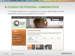 ECARDS FOR PERSONAL COMMUNICATION
        Provides Customers an exciting way to show appreciation to their
       Supporters with a personalized look and feel.




8/27/2012   Blackbaud Confidential       18
 