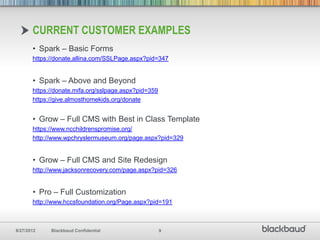 CURRENT CUSTOMER EXAMPLES
       • Spark – Basic Forms
       https://donate.allina.com/SSLPage.aspx?pid=347


       • Spark – Above and Beyond
       https://donate.mifa.org/sslpage.aspx?pid=359
       https://give.almosthomekids.org/donate


       • Grow – Full CMS with Best in Class Template
       https://www.ncchildrenspromise.org/
       http://www.wpchryslermuseum.org/page.aspx?pid=329


       • Grow – Full CMS and Site Redesign
       http://www.jacksonrecovery.com/page.aspx?pid=326


       • Pro – Full Customization
       http://www.hccsfoundation.org/Page.aspx?pid=191



8/27/2012    Blackbaud Confidential                   9
 
