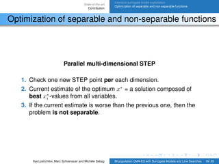 State-of-the-art
Contribution
Intensive surrogate model exploitation
Optimization of separable and non-separable functions
Optimization of separable and non-separable functions
Parallel multi-dimensional STEP
1. Check one new STEP point per each dimension.
2. Current estimate of the optimum x∗
= a solution composed of
best x∗
i -values from all variables.
3. If the current estimate is worse than the previous one, then the
problem is not separable.
Ilya Loshchilov, Marc Schoenauer and Michèle Sebag BI-population CMA-ES with Surrogate Models and Line Searches 18/ 26
 