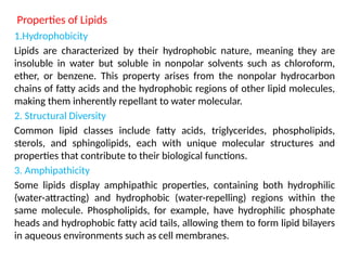 Properties of Lipids
1.Hydrophobicity
Lipids are characterized by their hydrophobic nature, meaning they are
insoluble in water but soluble in nonpolar solvents such as chloroform,
ether, or benzene. This property arises from the nonpolar hydrocarbon
chains of fatty acids and the hydrophobic regions of other lipid molecules,
making them inherently repellant to water molecular.
2. Structural Diversity
Common lipid classes include fatty acids, triglycerides, phospholipids,
sterols, and sphingolipids, each with unique molecular structures and
properties that contribute to their biological functions.
3. Amphipathicity
Some lipids display amphipathic properties, containing both hydrophilic
(water-attracting) and hydrophobic (water-repelling) regions within the
same molecule. Phospholipids, for example, have hydrophilic phosphate
heads and hydrophobic fatty acid tails, allowing them to form lipid bilayers
in aqueous environments such as cell membranes.
 