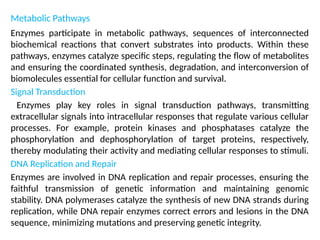 Metabolic Pathways
Enzymes participate in metabolic pathways, sequences of interconnected
biochemical reactions that convert substrates into products. Within these
pathways, enzymes catalyze specific steps, regulating the flow of metabolites
and ensuring the coordinated synthesis, degradation, and interconversion of
biomolecules essential for cellular function and survival.
Signal Transduction
Enzymes play key roles in signal transduction pathways, transmitting
extracellular signals into intracellular responses that regulate various cellular
processes. For example, protein kinases and phosphatases catalyze the
phosphorylation and dephosphorylation of target proteins, respectively,
thereby modulating their activity and mediating cellular responses to stimuli.
DNA Replication and Repair
Enzymes are involved in DNA replication and repair processes, ensuring the
faithful transmission of genetic information and maintaining genomic
stability. DNA polymerases catalyze the synthesis of new DNA strands during
replication, while DNA repair enzymes correct errors and lesions in the DNA
sequence, minimizing mutations and preserving genetic integrity.
 
