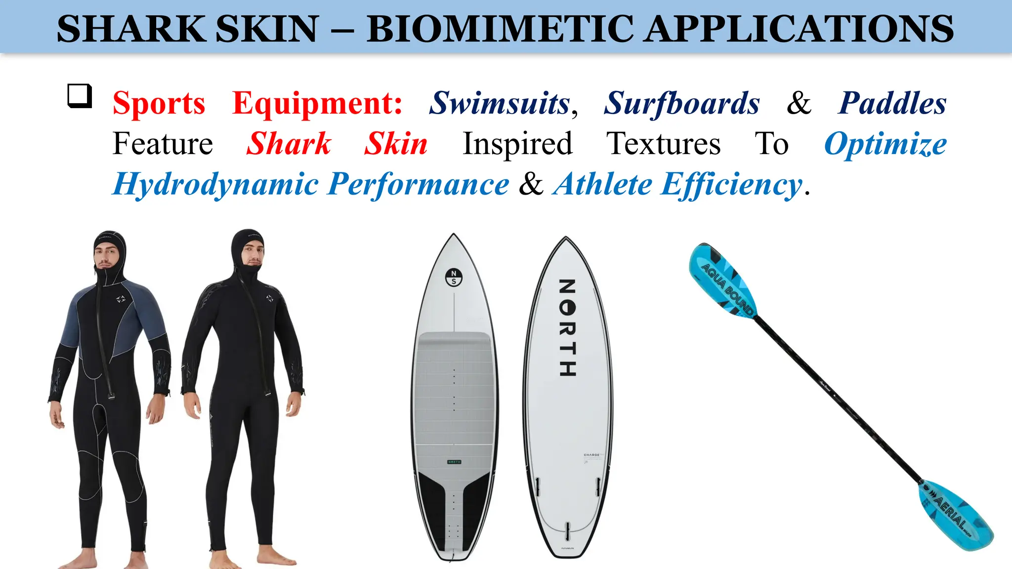 SHARK SKIN – BIOMIMETIC APPLICATIONS
 Sports Equipment: Swimsuits, Surfboards & Paddles
Feature Shark Skin Inspired Textures To Optimize
Hydrodynamic Performance & Athlete Efficiency.
 