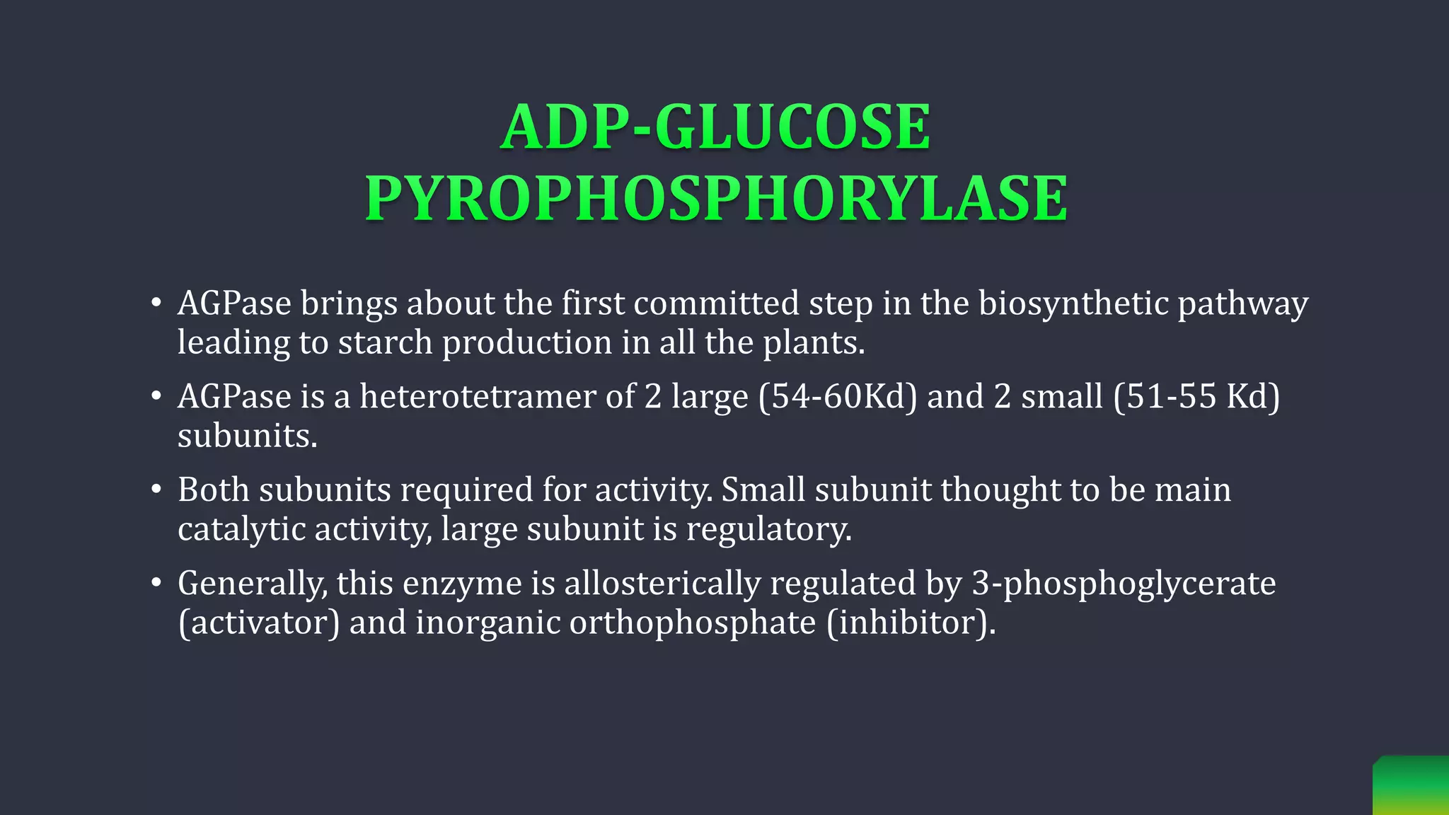 • AGPase brings about the first committed step in the biosynthetic pathway
leading to starch production in all the plants.
• AGPase is a heterotetramer of 2 large (54-60Kd) and 2 small (51-55 Kd)
subunits.
• Both subunits required for activity. Small subunit thought to be main
catalytic activity, large subunit is regulatory.
• Generally, this enzyme is allosterically regulated by 3-phosphoglycerate
(activator) and inorganic orthophosphate (inhibitor).
 