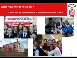 11
What have we done so far?
Photos with the students staying in BBOG dormitories and schools:
 