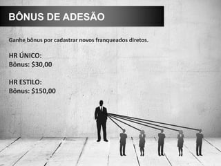 BÔNUS DE ADESÃO

Ganhe bônus por cadastrar novos franqueados diretos.

HR ÚNICO:
Bônus: $30,00

HR ESTILO:
Bônus: $150,00
 