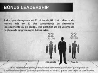 BÔNUS LEADERSHIP

Todos que alcançarem os 22 ciclos de HR Único dentro do
mesmo mês em 20 dias consecutivos ou alternados
(pessoalmente ou de grupo), irão partilhar 2% do volume de
negócios da empresa como bônus extra.




                                         Esquerda                  Direita
     *Para receber este ganho, o Habilitador deve estar qualificado, que significa ter
2 Habilitadores diretos (um na esquerda e um na direita) e mais uma conta de cliente ativa.
 
