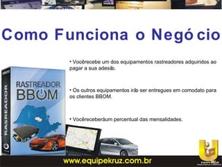 • Vocêrecebe um dos equipamentos rastreadores adquiridos ao
pagar a sua adesão.
• Os outros equipamentos irão ser entregues em comodato para
os clientes BBOM.
• Vocêreceberáum percentual das mensalidades.
Como Funciona o Negó cio
 