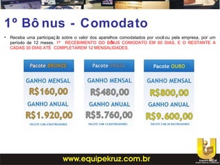 1º Bô nus - Comodato
• Receba uma participaç ão sobre o valor dos aparelhos comodatados por você ou pela empresa, por um
período de 12 meses. 1ª RECEBIMENTO DO BÔNUS COMODATO EM 60 DIAS, E O RESTANTE A
CADAS 30 DIAS ATÉ COMPLETAREM 12 MENSALIDADES.
 