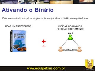 Para termos direito aos pró ximos ganhos temos que ativar o binário, da seguinte forma:
Ativando o Binário
USAR UM RASTREADOR INDICAR NO MINIMO 2
PESSOAS DIRETAMENTE
Você
Qualificadores
 