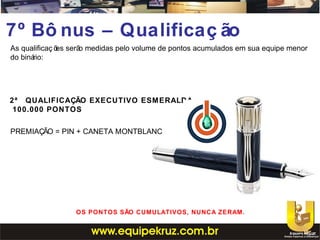 As qualificaç ões serão medidas pelo volume de pontos acumulados em sua equipe menor
do binário:
7º Bô nus – Qualificaç ão
2ª QUALIFICAÇÃO EXECUTIVO ESMERALDA.
100.000 PONTOS
PREMIAÇÃO = PIN + CANETA MONTBLANC
OS PONTOS SÃO CUMULATIVOS, NUNCA ZERAM.
 
