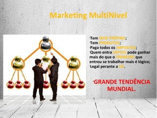 Marketing MultiNível
•
Tem SEDE PRÓPRIA;
•
Tem PRODUTOS;
•
Paga todos os IMPOSTOS;
•
Quem entra DEPOIS pode ganhar
mais do que o PRIMEIRO que
entrou se trabalhar mais é lógico;
•
Legal perante a LEI.
•
GRANDE TENDÊNCIA
MUNDIAL.
 