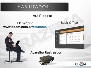 I D Próprio
www.bbom.com.br/seunome
Back Office
Aparelho Rastreador
VOCÊ RECEBE..
 