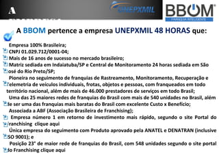 A
EMPRESA

A BBOM pertence a empresa UNEPXMIL 48 HORAS que:

Empresa 100% Brasileira;
CNPJ 01.029.712/0001-04;
Mais de 16 anos de sucesso no mercado brasileiro;
Matriz sediada em Indaiatuba/SP e Central de Monitoramento 24 horas sediada em São
José do Rio Preto/SP;
Pioneira no seguimento de franquias de Rastreamento, Monitoramento, Recuperação e
Telemetria de veículos individuais, frotas, objetos e pessoas, com franqueados em todo
território nacional, além de mais de 46.000 prestadores de serviços em todo Brasil;
Uma das 25 maiores redes de franquias do Brasil com mais de 540 unidades no Brasil, além
de ser uma das franquias mais baratas do Brasil com excelente Custo x Benefício;
Associada a ABF (Associação Brasileira de Franchising);
Empresa número 1 em retorno de investimento mais rápido, segundo o site Portal do
Franchising clique aqui
Única empresa do seguimento com Produto aprovado pela ANATEL e DENATRAN (inclusive
ISO 9001); e
Posição 23° de maior rede de franquias do Brasil, com 548 unidades segundo o site portal
do Franchising clique aqui

 