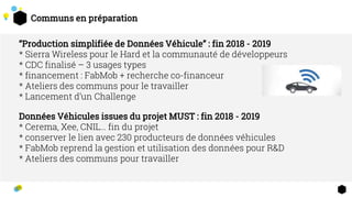 Communs en préparation
“Production simplifiée de Données Véhicule” : fin 2018 - 2019
* Sierra Wireless pour le Hard et la communauté de développeurs
* CDC finalisé – 3 usages types
* financement : FabMob + recherche co-financeur
* Ateliers des communs pour le travailler
* Lancement d’un Challenge
Données Véhicules issues du projet MUST : fin 2018 - 2019
* Cerema, Xee, CNIL… fin du projet
* conserver le lien avec 230 producteurs de données véhicules
* FabMob reprend la gestion et utilisation des données pour R&D
* Ateliers des communs pour travailler
 