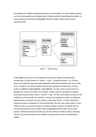 única tabela com múltiplos relacionamentos para as outras tabelas. As outras tabelas possuem
um único relacionamento para a tabela central. A tabela central é chamda fato (fact table) e as
outras tabelas são chamadas de dimensão (dimension table). A figura abaixo ilustra o
esquema estrela.
A tabela fato é onde uma ou mais medidas numéricas dos negócios da empresa são
armazenadas. Os fatos podem ser "vendas" , "custo" , "unidades vendidas" , etc. Os fatos
devem ser numéricos porque eles serão agregados utilizando-se operações tais como, média ,
soma, contagem e etc. Não faz sentido executar tais operações em dado textual. Os fatos
podem ser aditivos, semi-aditivos e nao-aditivos. Um fato é aditivo quando pode ser
agregado em todas as dimensões. Por exemplo, "vendas" pode ser agregado em qualquer
combinação das dimensões "tempo", "produto" e "loja". Um fato é semi-adititivo quando ele não
é adititvo em uma dimensão. Por exemplo, o número de empregados é aditivo nos diferentes
departamentos da empresa mas não é aditivo na dimensão "tempo". Um fato é não-aditivo
quando não pode ser agregado em nenhuma dimensão. Não faz muito sentido utilizar um fato
deste tipo mas um uso para ele seria uma simples contagem. Quando uma tabela não tem
nenhum fato associado a ela, a tabela é dita ser sem-fato (factless table). Isto acontece
quando a tabela fato representa eventos que não tem nenhuma medida numérica associada,
apenas a sua própria ocorrência. Por exemplo, a matrícula de um aluno em determinada
matéria.
 