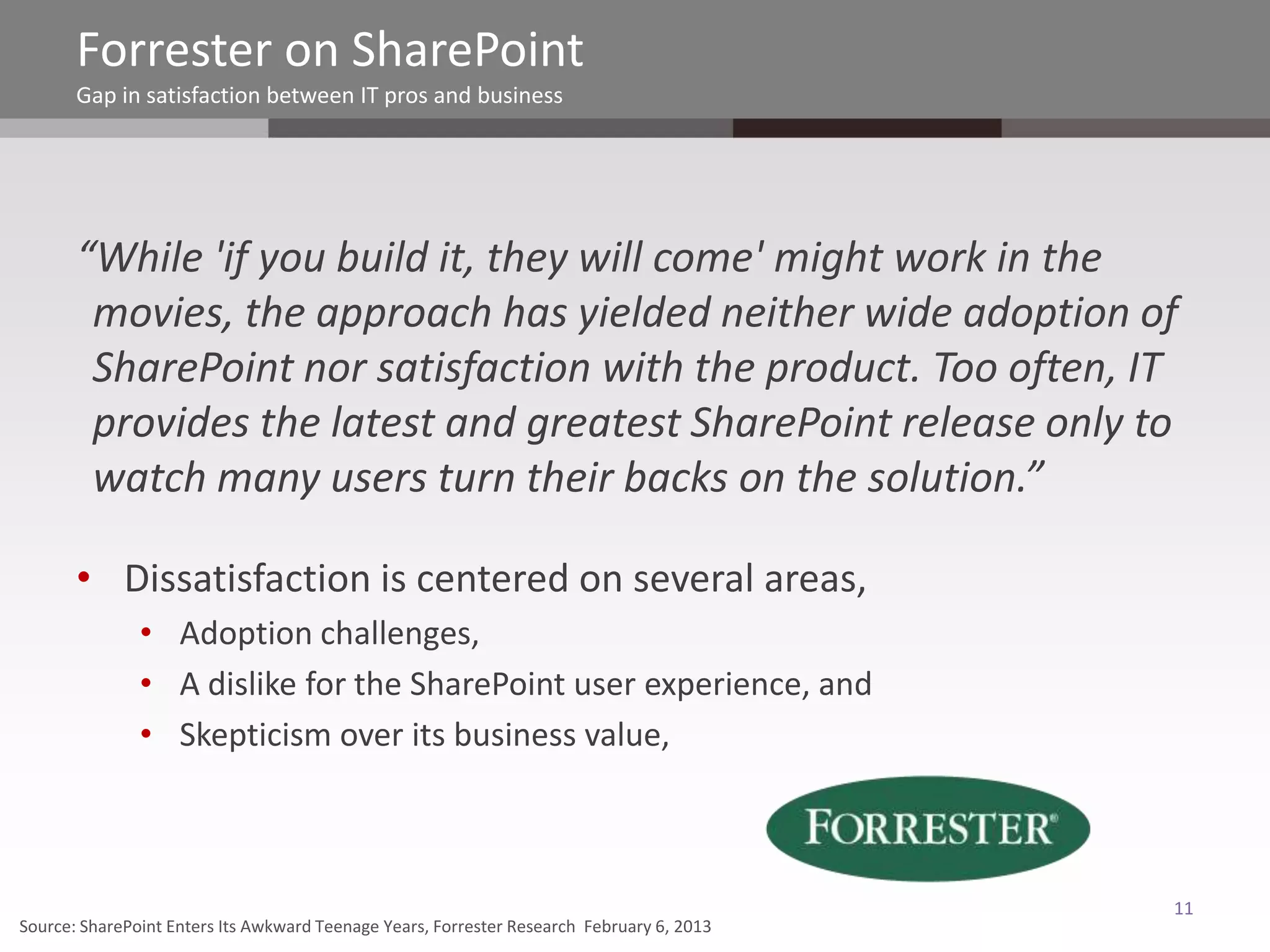 Forrester on SharePoint
       Gap in satisfaction between IT pros and business




       “While 'if you build it, they will come' might work in the
        movies, the approach has yielded neither wide adoption of
        SharePoint nor satisfaction with the product. Too often, IT
        provides the latest and greatest SharePoint release only to
        watch many users turn their backs on the solution.”

       • Dissatisfaction is centered on several areas,
               • Adoption challenges,
               • A dislike for the SharePoint user experience, and
               • Skepticism over its business value,



                                                                                           11
Source: SharePoint Enters Its Awkward Teenage Years, Forrester Research February 6, 2013
 