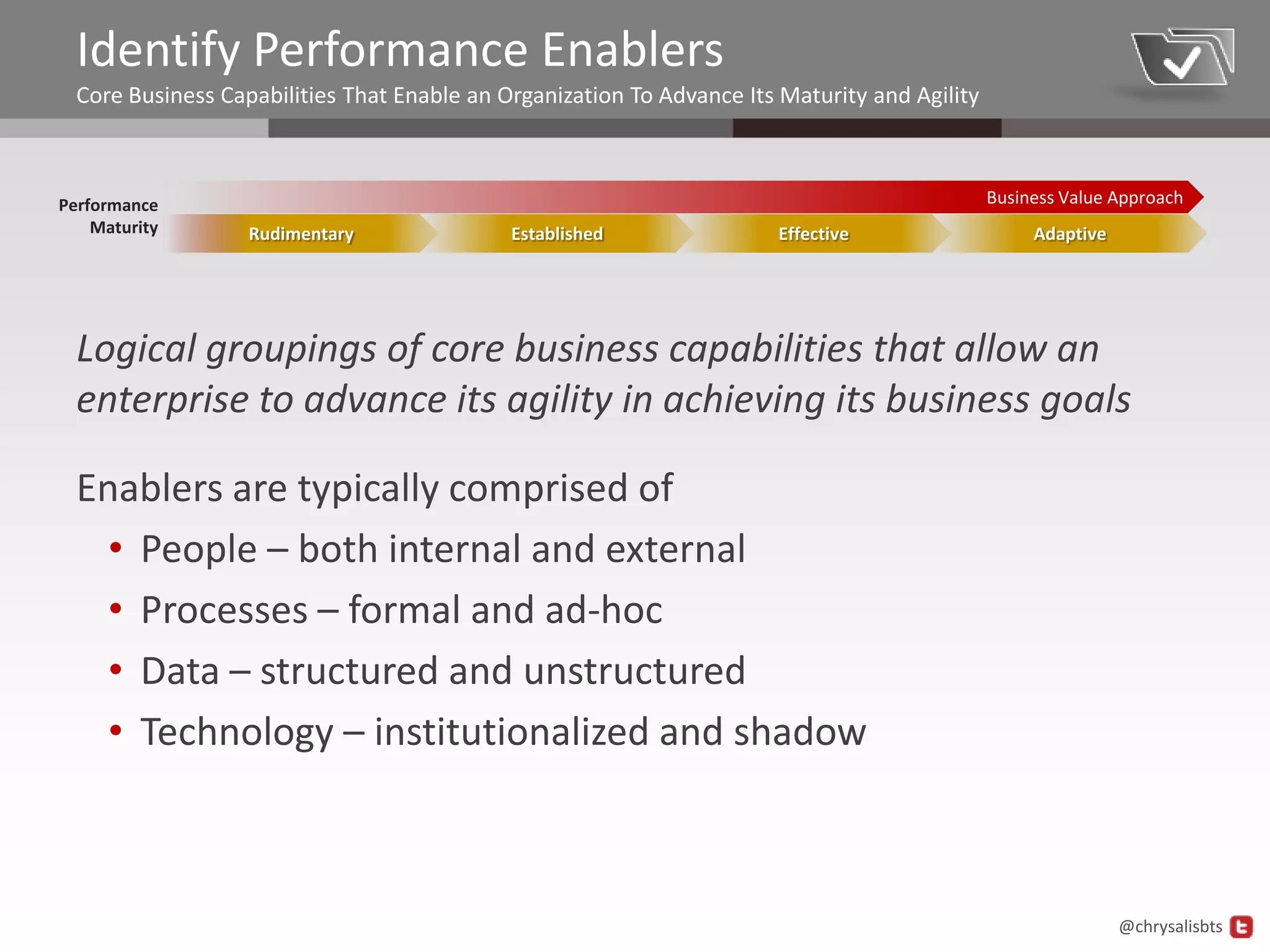 Identify Performance Enablers
  Core Business Capabilities That Enable an Organization To Advance Its Maturity and Agility



Performance                                                                                    Business Value Approach
    Maturity       Rudimentary               Established               Effective                    Adaptive




  Logical groupings of core business capabilities that allow an
  enterprise to advance its agility in achieving its business goals

  Enablers are typically comprised of
    • People – both internal and external
    • Processes – formal and ad-hoc
    • Data – structured and unstructured
    • Technology – institutionalized and shadow



                                                                                                               @chrysalisbts
 