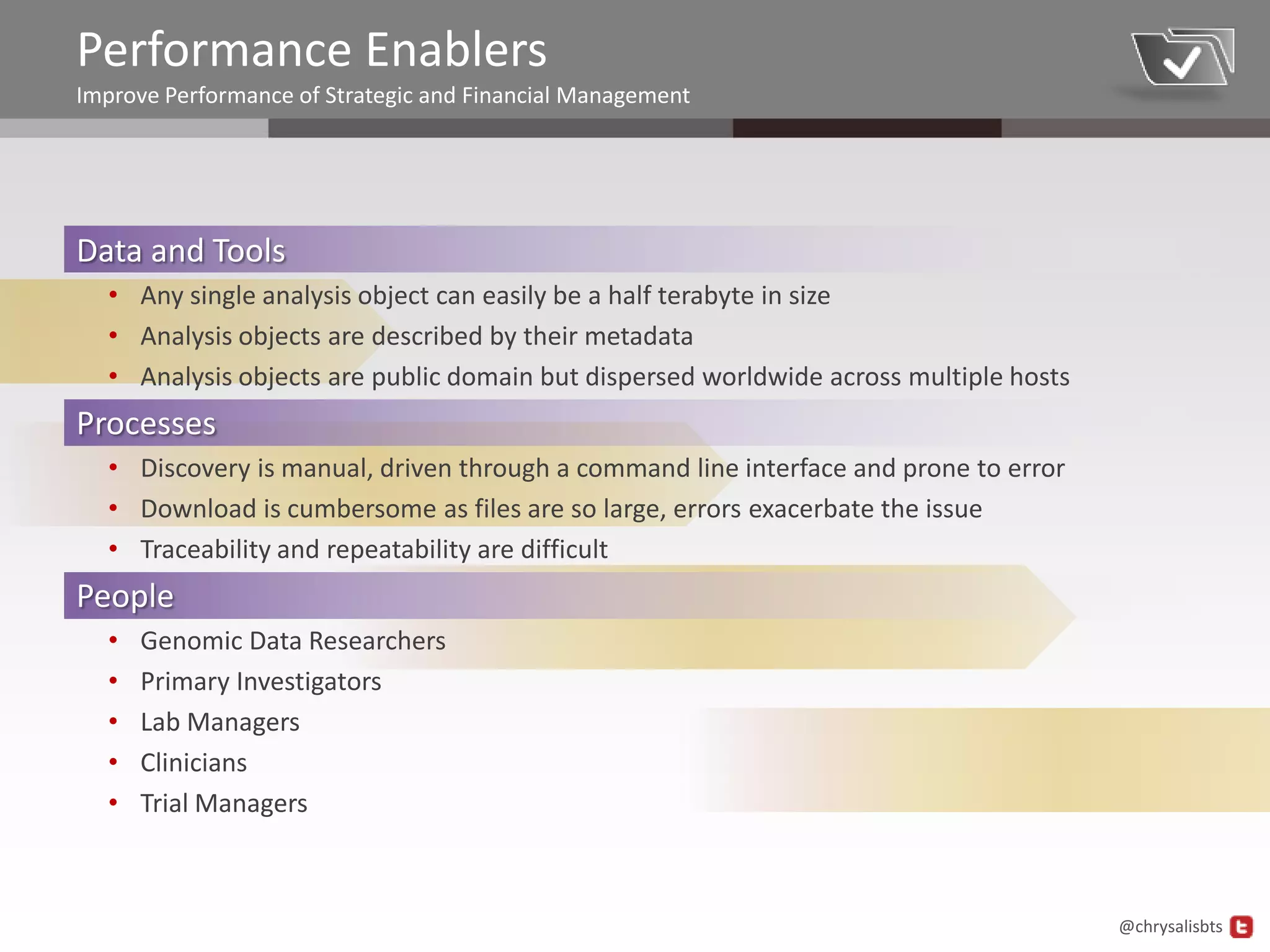 Performance Enablers
Improve Performance of Strategic and Financial Management




Data and Tools
  • Any single analysis object can easily be a half terabyte in size
  • Analysis objects are described by their metadata
  • Analysis objects are public domain but dispersed worldwide across multiple hosts
Processes
  • Discovery is manual, driven through a command line interface and prone to error
  • Download is cumbersome as files are so large, errors exacerbate the issue
  • Traceability and repeatability are difficult
People
  •   Genomic Data Researchers
  •   Primary Investigators
  •   Lab Managers
  •   Clinicians
  •   Trial Managers



                                                                                       @chrysalisbts
 
