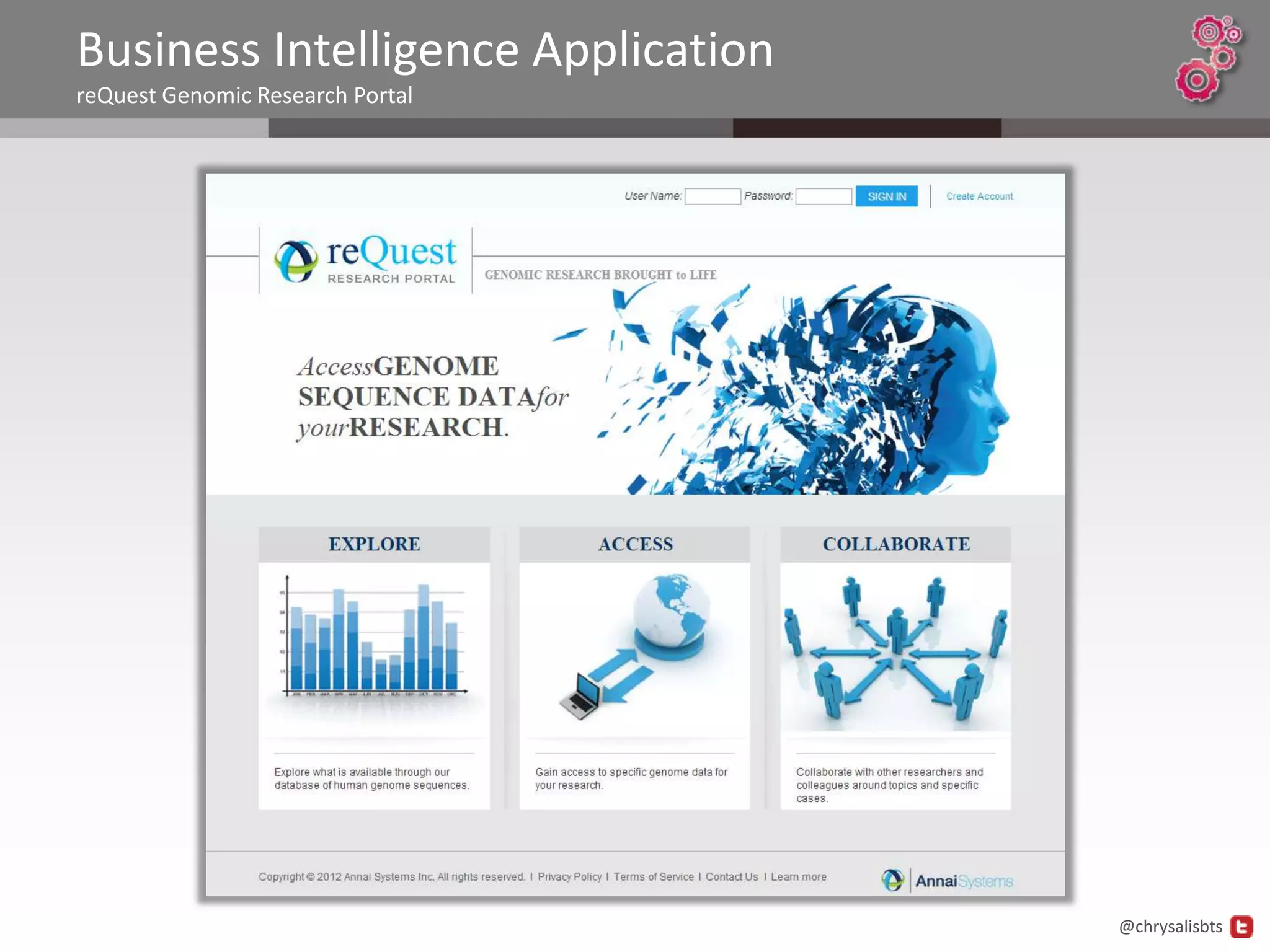 Business Intelligence Application
reQuest Genomic Research Portal




                                    @chrysalisbts
 