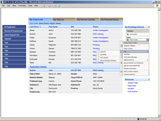 My Case Load                     My Reports            My Service Canada        My Personal Space
                       User Profile James Doohan Region: Atlantic

EI Application         Last Name                First Name           SIN                     Status                        My Knowledge Network

Record of Employment   Baker                    Arthur               123 456 789             Under investigation

Direct Deposit Info    Bulmer                   John                 234 567 890             ROE missing

                       Caley                    Susanne              345 678 901             Under investigation
Appeals
                       DaSilva                  Sarah                456 789 012             Under investigation
Test
                       Galati                   Reginald             567 890 123             Pending
Test
                       Hinton                   Steven               789 012 345             Pending
Test
                       Nadeau                   Farshad              890 123 456             Pending
Test
                       Remillard                Jacques              901 234 567             Missing information
Test                   Schnabel                 Doreen               012 345 678             Missing information
Test                   West                     Bill                 223 456 789             ROE missing

Test                   Application Details
                       Bulmer                   John                 234 567 890             ROE missing
                       Date of Birth            March 21, 2005       Gender                  Male
                       Mothers Maiden           Ballmer              Temp PWD ID             A8F1-CB84
                                                                                                                           Resources
                       Preferred Lang.          French               Home Phone              723-123-9876
                                                                                                                             System Help
                       Address 01               456 Maple view       Address 02              Apt. 23
                                                                                                                             Help Desk
                       City                     Dartmouth            Province                Nova Scotia                     Another
                       Postal Code              R6T 2H7                                                                      And another
 