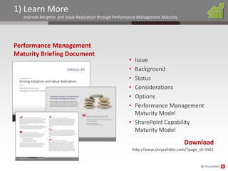 1) Learn More
   Improve Adoption and Value Realization through Performance Management Maturity




Performance Management
Maturity Briefing Document
                                                        • Issue
                                                        • Background
                                                        • Status
                                                        • Considerations
                                                        • Options
                                                        • Performance Management
                                                          Maturity Model
                                                        • SharePoint Capability
                                                          Maturity Model
                                                                                      Download
                                                            http://www.chrysalisbts.com/?page_id=1961


                                                                                              @chrysalisbts
 