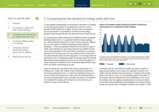 44
  Introduction        Contents     Benefits      Meters           Systems            Using Data            Case Studies




  How to use the data                   3. Comparing how the demand for energy varies with time
  1	Overview
                                        A more detailed understanding can be gained if information is available      Figure 24: Example weekly half-hourly profile of electricity
                                        on how the energy demand of a building varies with time. This is             consumption of a commercial office building
  2	Comparing a building with
                                        possible if AMR metering is installed, since as well as measuring
     other, similar buildings                                                                                        900
                                        annual consumption, it is possible to consider how the energy                800

  3	Comparing how the demand           demand varies through the year, the week and even through the day.           700

     for energy varies with time        By comparing the energy demand during different periods (day/night,          600

                                        weekday/weekend etc.), it is possible to identify energy wastage             500
  4	Comparing different areas
                                        e.g. office equipment being left on, plant running over bank holidays        400
     of a building
                                        etc. It is also useful to compare performance during different               300

                                        weekdays – if there are significant differences, this may be a sign of
  5	Comparing how the                                                                                               200
                                        waste. One example is to use energy demand time profiles from the
     demand for energy                                                                                               100
                                        use of office equipment to fine tune HVAC operating hours. Another
     varies with the weather                                                                                           0
                                        example of this is where early morning cleaners come in three days                     M              T              W             T              F             S              S

                                        per week and leave lights on when they leave. On mornings when the
  6	   Maintain good records                                                                                         The troughs in the graph show the baseload of the building – i.e. the minimum amount of electricity consumed
                                        cleaning service is not operating, staff arriving later accept the natural   by the building. This occurs overnight when the building is empty. An optimised standard occupancy building
                                                                                                                     operating during normal working hours should have a baseload of between 10 and 15% of peak consumption,
                                        light levels as being satisfactory and so do not switch the lights on. A     with 24/7 operated buildings having approx. 40% baseloads.

                                        simple instruction to cleaners to turn non-essential lights off when they
                                        finish can deliver real savings at no cost.                                                Occupied                                    Unoccupied

                                        Figure 24 shows the time profile of the energy consumption of a              Familiarity with the usual demand profiles can also be helpful in
                                        building over a week, with shades of blue indicating occupied and            diagnosing problems more quickly. Any significant change in the
                                        unoccupied operational hours. It is clear that significant energy use        profile of energy demand must be caused by a change in the building,
                                        occurs outside of occupied hours, both during the weekend period             either in the way it is used, or in the operating regime of the plant. If
                                        and during weekdays both prior to and after occupancy. It is important       the change cannot be explained by known alterations to the use of
                                        to understand the energy uses during the non-occupied hours to               the building, then this signals a possible failure in the way the plant
                                        determine if they can be reduced.                                            is operating. Quick identification and rectification of the issue will save
                                                                                                                     money and provide more confortable conditions for occupier’s / staff.




Better Metering Toolkit                 Home     |   Acknowledgements        |   Glossary                                                                             Print                   Email                Contact us
 
