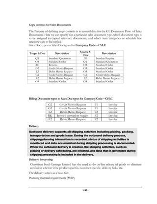 Copy controls for Sales Documents

The Purpose of defining copy controls is to control data for the GL Document Flow of Sales
Documents. Here we can specify for a particular sales document type, which document type is
to be assigned to copied reference documents, and which item categories or schedule line
categories are to be copied.
Sales Doc types to Sales Doc types for Company Code - CSLC

                                           Source S
Target S Doc          Description                          Description
                                             Doc
     QT          Standard Quotation          IN       Standard Inquiry
     OR          Standard Order              QT       Standard Quotation
     RE          Returns                     OR       Standard Order
     G2          Credit Memo Request         OR       Standard Order
     L2          Debit Memo Request          OR       Standard Order
     G2          Credit Memo Request         G2       Credit Memo Request
     L2          Debit Memo Request          L2       Debit Memo Request
     OR          Standard Order              OR       Standard Order




Billing Document types to Sales Doc types for Company Code – CSLC
                G2        Credit Memo Request         F1        Invoice
                G2        Credit Memo Request         F1        Invoice
                L2        Debit Memo Request          F2        Invoice
                RK      Invoice correction request    F2        Invoice
                L2        Debit Memo Request          F2        Invoice

Delivery
Outbound delivery supports all shipping activities including picking, packing,
 transportation and goods issue. During the outbound delivery process,
 shipping-planning information is recorded, status of shipping activities is
 monitored and data accumulated during shipping processing is documented.
 When the outbound delivery is created, the shipping activities, such as
 picking or delivery scheduling, are initiated, and data that is generated during
 shipping processing is included in the delivery.
Delivery Processing
 Charminar Steel Castings Limited has the need to do on-line release of goods to eliminate
 confusion whether it be product specific, customer specific, delivery hold, etc.
The delivery serves as a basis for:
Planning material requirements (MRP)


                                             123
 