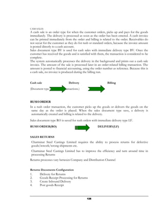 CASH SALES
A cash sale is an order type for when the customer orders, picks up and pays for the goods
immediately. The delivery is processed as soon as the order has been entered. A cash invoice
can be printed immediately from the order and billing is related to the order. Receivables do
not occur for the customer as they do for rush or standard orders, because the invoice amount
is posted directly to a cash account.
Sales document type BV is used for cash sales with immediate delivery type BV. Once the
customer has received the goods and is satisfied with them, the transaction is considered to be
complete.
The system automatically processes the delivery in the background and prints out a cash sale
invoice. The amount of the sale is processed later in an order-related billing transaction. The
amount is posted to financial accounting, using the order number as reference. Because this is
a cash sale, no invoice is produced during the billing run.


Cash sale                        Delivery                     Billing

(Document type is BV for all transactions.)



RUSH ORDER
In a rush order transaction, the customer picks up the goods or delivers the goods on the
 same day as the order is placed. When the sales document type save, a delivery is
 automatically created and billing is related to the delivery.
Sales document type RO is saved for rush orders with immediate delivery type LF.
RUSH ORDER(RO)                                        DELIVERY(LF)


SALES RETURNS
 Charminar Steel Castings Limited requires the ability to process returns for defective
 goods/rework/wrong shipments etc.
 Charminar Steel Castings Limited has to improve the efficiency and turn around time in
 processing Returns
Returns processes vary between Company and Distribution Channel


Returns Documents Configuration
1.      Delivery for Returns
2.      Goods Receipt Processing for Returns
3.      Create Inbound Delivery
4.      Post goods Receipt



                                              128
 