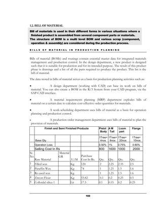1.2. BILL OF MATERIAL
Bill of materials is used in their different forms in various situations where a
 finished product is assembled from several component parts or materials.
The structure of BOM is a multi level BOM and various scrap (component,
 operation & assembly) are considered during the production process.

B I L L S   O F   M A T E R I A L   I N   P R O D U C T I O N    P L A N N I N G



Bills of material (BOMs) and routings contain essential master data for integrated materials
 management and production control. In the design department, a new product is designed
 such that it is suitable for production and for its intended purpose. The result of this product
 phase is drawings and a list of all the parts required to produce the product. This list is the
 bill of material.
The data stored in bills of material serves as a basis for production planning activities such as:

•               A design department (working with CAD) can base its work on bills of
 material. You can also create a BOM in the R/3 System from your CAD program, via the
 SAP-CAD interface.

•                A material requirements planning (MRP) department explodes bills of
 material on a certain date to calculate cost-effective order quantities for materials.

•              A work-scheduling department uses bills of material as a basis for operation
 planning and production control.
•                 A production order management department uses bills of material to plan the
    provision of materials.
              Finish and Semi Finished Products                 Pistol A M     Loom     Flange
                                                                 Body Tail     part

                                                                1Tree= 1Tree= 1Tree=    1Tree=
       Base Qty                                                  4nos 8nos 20nos         10nos
      Operation Loss                                            0.50% 1%       0.75%    0.80%
    Selling Cost In Rs                                          800    1600 1000         2000
Sr.                   Material
No                   GR                       Purchase
    Raw Material                     U/M      Cost In Rs.       Qty.   Qty.    Qty.    Qty.
1 Filled wax                         Kg       120                2     2.25    2.35    2.5
2 Paraffin Wax                       Kg       74                 1     1.25    1.5     1.6
3 Re-used wax                        Kg                          1     1.25    1.5     1.6
4 Zircon Flour                       Kg       53.82              0.1   0.2     0.25    0.5
5 Colloidal silica 1                 Lit      17.5              0.1    0.15    0.2     0.25



                                                  153
 
