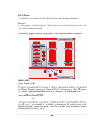 Shift definition
In a shift definition you define the start, finish, break times, and validity period of a shift.

Shift sequence
In a shift sequence, you define how shifts follow another on a daily basis for the duration of a Cycle.
    You use shift definitions to do this.


The following graphic illustrates the principle of shift definitions and shift sequences:




INTEGRATION
Human Resource (HR)
A Logistics work center can be assigned to either an organizational unit or a work center in
 the Human Resource Management System (HRMS). Assignments to other HR-objects,
 for example employees or qualifications, can be maintained via the HR work center.
Finance and Controlling (FI / CO)
•                      Costing

Formulas are entered in the work center, so that the costs of an operation can be calculated.
 A work center is also assigned to a production cost center and the production cost center
 has been assigned to appropriate activity types. The prices for these activity quantities are
 calculated using the activity prices.


                                                    164
 