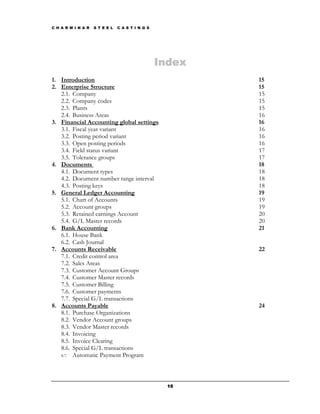 C H A R M I N A R   S T E E L   C A S T I N G S




                                                  Index
1. Introduction                                           15
2. Enterprise Structure                                   15
   2.1. Company                                           15
   2.2. Company codes                                     15
   2.3. Plants                                            15
   2.4. Business Areas                                    16
3. Financial Accounting global settings                   16
   3.1. Fiscal year variant                               16
   3.2. Posting period variant                            16
   3.3. Open posting periods                              16
   3.4. Field status variant                              17
   3.5. Tolerance groups                                  17
4. Documents                                              18
   4.1. Document types                                    18
   4.2. Document number range interval                    18
   4.3. Posting keys                                      18
5. General Ledger Accounting                              19
   5.1. Chart of Accounts                                 19
   5.2. Account groups                                    19
   5.3. Retained earnings Account                         20
   5.4. G/L Master records                                20
6. Bank Accounting                                        21
   6.1. House Bank
   6.2. Cash Journal
7. Accounts Receivable                                    22
   7.1. Credit control area
   7.2. Sales Areas
   7.3. Customer Account Groups
   7.4. Customer Master records
   7.5. Customer Billing
   7.6. Customer payments
   7.7. Special G/L transactions
8. Accounts Payable                                       24
   8.1. Purchase Organizations
   8.2. Vendor Account groups
   8.3. Vendor Master records
   8.4. Invoicing
   8.5. Invoice Clearing
   8.6. Special G/L transactions
   8.7. Automatic Payment Program




                                                    15
 
