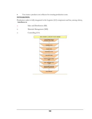 •      You create a product cost collector for creating production costs.
INTEGRATION
Production orders is fully integrated in the Logistics (LO) component and has, among others,
 interfaces to
o              Sales and Distribution (SD)
o              Materials Management (MM)
o              Controlling (CO)




                                             184
 