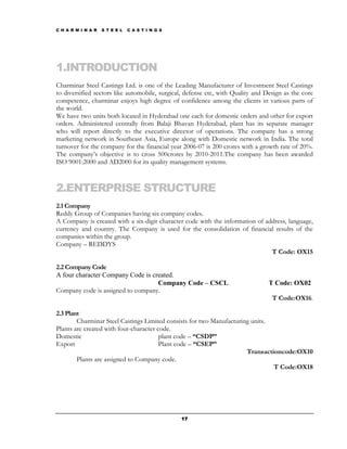 C H A R M I N A R   S T E E L   C A S T I N G S




1.INTRODUCTION
Charminar Steel Castings Ltd. is one of the Leading Manufacturer of Investment Steel Castings
to diversified sectors like automobile, surgical, defense etc, with Quality and Design as the core
competence, charminar enjoys high degree of confidence among the clients in various parts of
the world.
We have two units both located in Hyderabad one each for domestic orders and other for export
orders. Administered centrally from Balaji Bhavan Hyderabad, plant has its separate manager
who will report directly to the executive director of operations. The company has a strong
marketing network in Southeast Asia, Europe along with Domestic network in India. The total
turnover for the company for the financial year 2006-07 is 200 crores with a growth rate of 20%.
The company’s objective is to cross 500crores by 2010-2011.The company has been awarded
ISO 9001:2000 and AD2000 for its quality management systems.



2.ENTERPRISE STRUCTURE
2.1 Company
Reddy Group of Companies having six company codes.
A Company is created with a six-digit character code with the information of address, language,
currency and country. The Company is used for the consolidation of financial results of the
companies within the group.
Company – REDDYS
                                                                               T Code: OX15

2.2 Company Code
A four character Company Code is created.
                                   Company Code – CSCL                           T Code: OX02
Company code is assigned to company.
                                                                                  T Code:OX16.

2.3 Plant
        Charminar Steel Castings Limited consists for two Manufacturing units.
Plants are created with four-character code.
Domestic                                plant code – “CSDP”
Export                                  Plant code – “CSEP”
                                                                      Transactioncode:OX10
        Plants are assigned to Company code.
                                                                               T Code:OX18




                                                  17
 