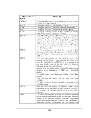 TRANSACTION                           PURPOSE
CODE
MMSC          This report allows a user to easily create, or view, storage
              location views for a material.
CRO5          This report produces a list of all work centers.
CR06          This report produces a list of all cost center assignments.
CR07          This report produces a list of all work center capacity.
CA60          This report enables you to list changes to individual routing
              fields in the sequence which they occurred.
MD73          In the "Total Requirements Display", you can check and, if
              necessary, change the planning figures. With this evaluation
              function you can list all the planned independent
              requirements that exist for a particular material or a
              product group. From this total requirements display, you
              can access more detailed information or you can branch
              into the change mode.
MD04          In the stock/requirements list, the most up-to-date
              development of stocks and requirements is displayed. The
              layout of the list on the screen is the same as that of the
              MRP list.
MD05          Once you have carried out the planning run for the
              material via single-item or total planning and where you
              have also specified that an MRP list is to be created, you
              can then display one of the lists with the function
              individual display. Proceed as follows:
              Starting from the menu screen of material requirements
              planning, select Evaluations -> MRP list ->Individual
              display.
              The initial screen for the Individual Display of MRP List
              appears.
              Enter the material number and the plant and press
              ENTER.
              The MRP List screen now appears with an overview of the
              Individual Lines.
MD06          With the collective display, all planned orders which
              correspond to the specified selection criteria are displayed;
              for example, all planned orders of a certain MRP
              controller.
MS07          The results of long-term planning are simulative planned
              orders at finished product level for the long-term planning
              version of the demand program. Simulative dependent
              requirements and receipts are created for the components.
              Simulative capacity requirements are also created for



                               188
 