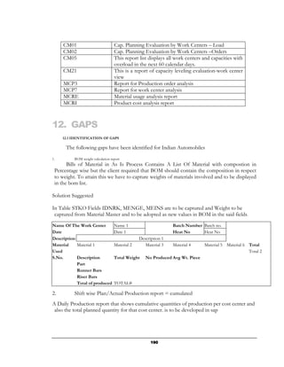 CM01                          Cap. Planning Evaluation by Work Centers – Load
     CM02                          Cap. Planning Evaluation by Work Centers –Orders
     CM05                          This report list displays all work centers and capacities with
                                   overload in the next 60 calendar days.
     CM21                          This is a report of capacity leveling evaluation-work center
                                   view
     MCP3                          Report for Production order analysis
     MCP7                          Report for work center analysis
     MCRE                          Material usage analysis report
     MCRI                          Product cost analysis report



12. GAPS
     12.1 IDENTIFICATION OF GAPS

      The following gaps have been identified for Indian Automobiles
1.        BOM weight calculation report
       Bills of Material in As Is Process Contains A List Of Material with compostion in
 Percentage wise but the client required that BOM should contain the composition in respect
 to weight. To attain this we have to capture weights of materials involved and to be displayed
 in the bom list.

Solution Suggested

In Table STKO Fields IDNRK, MENGE, MEINS are to be captured and Weight to be
 captured from Material Master and to be adopted as new values in BOM in the said fields.
Name Of The Work Center            Name 1                       Batch Number Batch no.
Date                               Date 1                       Heat No      Heat No
Description                                     Description 1
Material    Material 1             Material 2      Material 3   Material 4     Material 5 Material 6 Total
Used                                                                                                 Total 2
S.No.       Description            Total Weight    No Produced Avg Wt. Piece
            Part
            Runner Bars
            Riser Bars
            Total of produced      TOTAL#

2.        Shift wise Plan/Actual Production report = cumulated
A Daily Production report that shows cumulative quantities of production per cost center and
 also the total planned quantity for that cost center. is to be developed in sap




                                                      190
 