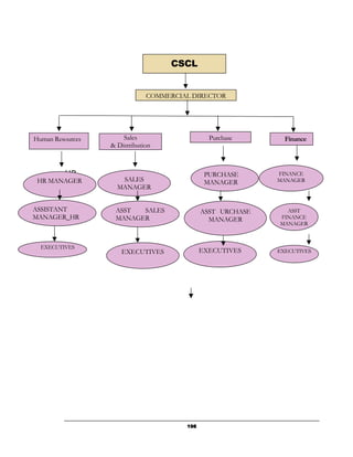 CSCL


                              COMMERCIAL DIRECTOR




Human Resources       Sales                    Purchase       Finance
                  & Distribution



         HR                                   PURCHASE      FINANCE
 HR MANAGER          SALES                    MANAGER       MANAGER
                    MANAGER


ASSISTANT          ASST  SALES               ASST URCHASE     ASST
MANAGER_HR         MANAGER                     MANAGER      FINANCE
                                                            MANAGER



  EXECUTIVES
                     EXECUTIVES              EXECUTIVES     EXECUTIVES




                                       198
 