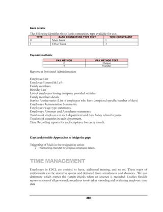 Bank details:

The following identifies those bank connection, type available for use.
     TYPE               BANK CONNECTION TYPE TEXT                       TIME CONSTRAINT
0                 Main bank                                         1
1                 Other bank                                        3


Payment methods:

                      PAY METHOD                              PAY METHOD TEXT
                           C                                       Cheque
                           T                                       Transfer

Reports in Personnel Administration:

Employee List
Employee Entered & Left
Family members
Birthday List
List of employees having company provided vehicles
Family members details
Service Anniversaries (List of employees who have completed specific number of days)
Employees Remuneration Statements.
Employees wage type statements.
Employees Absences and Attendance statements.
Total no of employees in each department and their Salary related reports.
Total no of vacancies in each department.
Time Recording reports for each employee for every month.



Gaps and possible Approaches to bridge the gaps

Triggering of Mails in the resignation action
       Maintaining checklist for previous employee details.




TIME MANAGEMENT
Employees in CSCL are entitled to leave, additional training, and so on. These types of
entitlements can be stored in quotas and deducted from attendances and absences. We can
determine which entries the system checks when an absence is recorded. Enables flexible
representation of all personnel procedures involved in recording and evaluating employee time
data



                                                  222
 