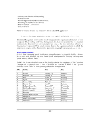 –Infrastructure for time data recording
–Work schedules
–Record of planned attendance and absences
–Recording of attendance and absence
–Annual and Sick Leave accrual
–Time evaluation

Ability to transfer absence and attendance data to other SAP applications

       INTEGRATING TIME MANAGEMENT IN CSCL ORGANIZATIONAL STRUCTURE:


The Time Management component is closely integrated in the organizational structure of your
enterprise. When working with Time Management, it is therefore essential that you maintain
certain master data infotypes for your employees. One of the most important infotypes is
Organizational Assignment (0001), which contains data on the organizational units to which the
employee is assigned within the enterprise (personnel area, employee subgroup, and so on).

Public Holiday Calendar:
In SAP Time Management, public holidays are grouped together in the public holiday calendar.
To set up a work schedule, you need a valid public holiday calendar including company-wide
public holidays relevant for CCL.

At CCL the factory calendar is same as the Holiday calendar.The employees of the Charminar
Castings will be granted with 12 days of holidays per year out of which 2 are Optional
Holidays for the choice of employees dependence on the region wise
S.No     Holiday                       Date                   Day


1        Pongal                        January 15th           Monday
2        Republic Day                  January 26th           Friday
3        Holi                          March 3rd              Saturday
4        Ugadi                         March 20th             Tuesday
5        Good Friday                   April 6th              Friday
6        Labour Day                    May 1st                Tuesday
7        Independence Day              August 15th            Wednesday
8        Krishna Jamastami             September 5th          Wednesday
9        Gandhi Jayanthi               October 2nd            Tuesday
10       Ramzan                        October 15th           Monday
11       Dasara/Vijayadasami           October 22nd           Monday
12       Deepavali                     November 8th           Thursday
13       Id-Ul-Fitr/ Bakrid            December 21st          Friday
14       Christmas                     December 25th          Tuesday




                                              223
 